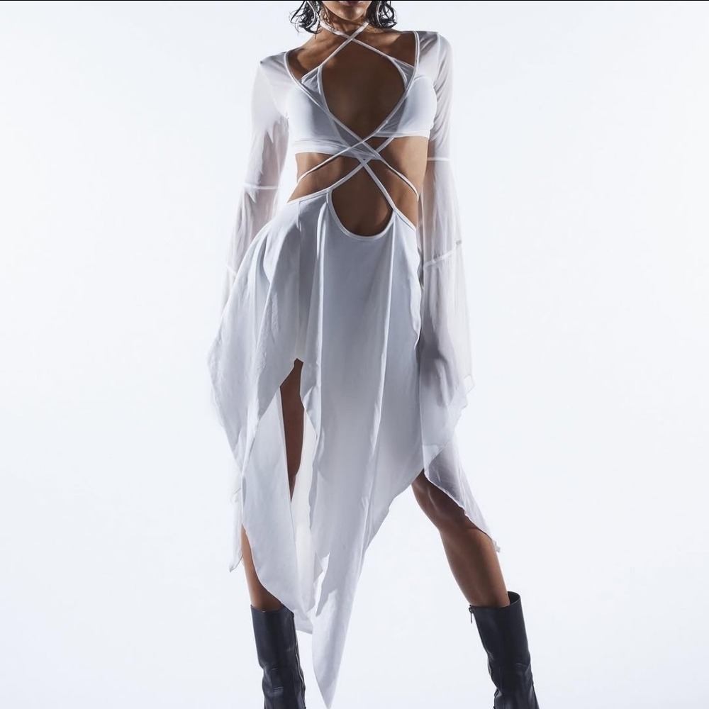 Dolls Kill Darker Wavs Echo Asymmetrical Strappy Dress White Mesh Bell Sleeves M - Picture 2 of 9